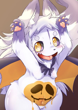 anthro belly black_sclera blue_body blue_fur bodypaint breasts cape clothing fangs female fur hair holidays kemono looking_at_viewer mostly_nude nipple_outline open_mouth painted_belly paws pumpkin_belly raised_arm shortstack simple_background small_breasts smile solo teeth thick_thighs tongue tongue_out white_body white_fur white_hair yellow_eyes ukan_muri halloween wazawai_kitsune_no_kuzure-chan kuzure-chan canid canine fox ghost mammal spirit