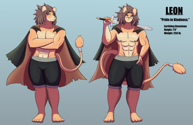 annoyed anthro brown_hair cape clothing ear_piercing ear_ring fluffy fluffy_tail hair hand_on_hip male melee_weapon muscular muscular_anthro muscular_male piercing ring_piercing simple_background solo standing sword tail weapon mara_the_ravenous leon_(magicman11) felid lion mammal pantherine absurd_res hi_res