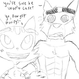 abs all_fours anthro anthro_on_anthro asking asking_another big_breasts big_eyes big_iris big_mouth_(anatomy) big_nipples black_text blush blush_lines bodily_fluids breasts butt cheating_wife cheek_tuft chest_tuft crossover_ship curved_eyebrows dialogue eyebrows facial_markings facial_tuft fangs female flying_sweatdrops fur fur_tuft head_markings imminent_sex infidelity interspecies iris looking_at_another looking_at_partner male male/female markings mature_anthro mature_female mature_male motion_lines motion_outline nervous nervous_sweat nipples no_pupils notched_ear nude nude_anthro nude_female nude_male open_mouth open_smile pointy_ears prick_ears question round_eyes shaking_butt simple_background smile snout sound_effects standing striped_arms striped_body striped_face striped_fur striped_markings striped_tail stripes suggestive sweat sweatdrop tail tail_markings talking_to_another talking_to_partner teeth text thick_eyebrows tuft whisker_spots white_background wiggle yes-no_question litterbox_comics pixie_and_brutus brutus_(pixie_and_brutus) fran_(litterbox_comics) canid canine canis domestic_cat domestic_dog felid feline felis german_shepherd herding_dog mammal pastoral_dog tabby_cat 1:1 2026 black_and_white crossover digital_drawing_(artwork) digital_media_(artwork) hi_res monochrome sketch