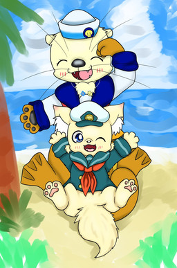 anthro beach blue_eyes blush bottomless brown_body brown_fur clothed clothing cloud detailed_background duo eyes_closed feet female fur hat headgear headwear male one_eye_closed open_mouth outside palm_tree pawpads paws plant sailor_uniform sand sea seaside sky smile tan_body teeth toes tree uniform water whiskers yellow_body young nako_stoat canid canine canis domestic_dog mammal mustelid musteline otter sea_otter 2021 detailed hi_res
