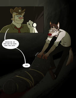 accessory anthro badge blonde_hair blood bodily_fluids bodybag bottomwear brown_hair caught clothing collared_shirt corpse corpse_disposal dialogue dragging_body eyewear flashlight footwear glasses hair hat headgear headwear male male_anthro necktie night pants sheriff sheriff_badge shirt shoes speech_bubble text topwear nardodraws leo_(nardodraws) canid canine canis domestic_dog mammal wolf 2026 english_text hi_res signature