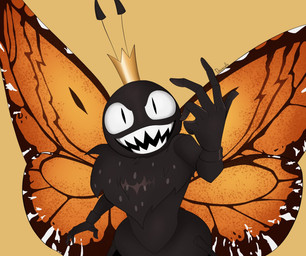 2_antennae 5_fingers ambiguous_gender antennae_(anatomy) anthro black_antennae black_body crown eyespots fingers front_view headgear insect_wings lepidopteran_wings markings monotone_background monotone_body multicolored_wings nude open_mouth orange_wings pupils ruff sharp_teeth simple_background small_pupils solo spread_wings teeth wings yellow_background downerette disney hoppers_(disney) pixar titus_(hoppers) arthropod butterfly insect lepidopteran monarch_butterfly 2026 digital_media_(artwork)