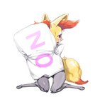 anthro blush braixen canid canine dipstick_tail embarrassed female fur generation_6_pokemon gudlmok99 hi_res holding_object holding_pillow inner_ear_fluff kneeling looking_away mammal markings meme nintendo no_pillow pillow pokemon pokemon_(species) red_body red_fur solo tail tail_markings tuft yellow_body yellow_fur yes-no_pillow