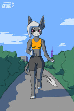 anthro bottomwear bouncing_breasts breasts building clothed clothing day ear_piercing female front_view grey_body long_ears outside park piercing pink_eyes plant running shirt shorts shrub sky smile solo tail tail_tuft tank_top topwear tower tuft veuper 2:3 2d_animation animated frame_by_frame