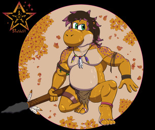 accessory alternate_species armband bodily_fluids bottomwear clothed clothing digit_ring feet green_eyes jewelry lance loincloth loincloth_only male melee_weapon multicolored_body polearm ring solo sweat toe_ring toes topless tribal two_tone_body weapon yellow_body fafnir_stardust_(artist) mario_bros nintendo ciro_scales_(character) yellow_yoshi yoshi colored digital_drawing_(artwork) digital_media_(artwork) hi_res