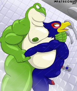 abdominal_bulge anal anthro asphyxiation bathing beak belly belly_on_back belly_rest big_belly choking dominant duo erection erotic_asphyxiation genitals grin hand_on_throat humanoid_genitalia humanoid_penis larger_dom male male/male musclegut muscular muscular_anthro muscular_male nipples non-mammal_nipples open_mouth overweight overweight_anthro overweight_male penis sex shower showering size_difference smile submissive submissive_anthro submissive_male teeth tile tile_wall tongue wall_(structure) wet pizzaozzy nintendo star_fox falco_lombardi slippy_toad amphibian avian bird frog toad_(frog) absurd_res hi_res