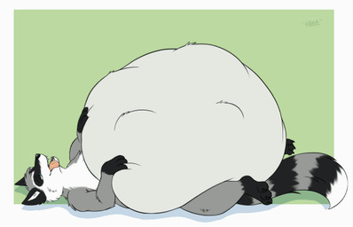 abdominal_bulge anthro belly big_belly black_body black_fur burping fur grey_body grey_fur huge_belly lying on_back struggling struggling_prey tail tongue tongue_out vore white_body white_fur g3xa mammal procyonid raccoon 14:9 2d_animation animated animated_gif motion_tweening short_playtime
