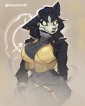 anthro big_breasts black_body black_fur black_hair bone breasts cleavage clothed clothing collar ear_piercing ear_ring female fur hair jewelry necklace panties piercing ring_piercing skull skull_head solo thick_thighs underwear white_eyes wide_hips mrjairorate scp_foundation scp-1471-a canid canine malo mammal absurd_res hi_res