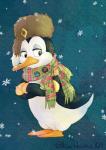 beak clothing cold coonskin_cap crossed_arms feral half-closed_eyes handwear hat headgear headwear mittens mostly_nude narrowed_eyes orange_beak scarf shaking shivering simple_background snowflake solo teal_background textured_background kurokuma824 disney the_three_caballeros pablo_(disney) avian bird penguin 2016 hi_res