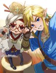 5_fingers blonde_hair blue_clothing blue_eyes clothed clothing duo eyebrows female fingers hair humanoid_pointy_ears male not_furry open_mouth open_smile pointy_ears size_difference smile otari7902 breath_of_the_wild nintendo the_legend_of_zelda link purah humanoid hylian signature