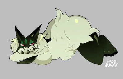 abdominal_bulge anthro breast_squish breasts female female_anthro green_body looking_at_viewer lying on_front red_eyes scut_tail short_tail solo squirming squish tail vore voremaxx nintendo pokemon felid generation_9_pokemon mammal meowscarada pokemon_(species) animated loop no_sound short_playtime video