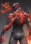 back_muscles biceps biped butt dialogue grey_body male muscular muscular_humanoid muscular_male not_furry open_mouth open_smile rear_view red_body red_eyes sharp_teeth smile solo standing teeth text vein anzuarden marvel carnage_(marvel) miguel_o'hara spider-man_2099 spiderman_2099_(character) alien alien_humanoid human humanoid mammal symbiote absurd_res digital_media_(artwork) english_text hi_res