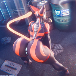 anthro anus bent_over big_butt blue_anus blue_vulva butt chat_box female genitals orange_tail profanity purple_body question_mark rear_view red_body solo tail text thick_thighs vulva whiskers wide_hips renatakatharsis spacetato_(modeler) valkyr_(warframe) domestic_cat felid feline felis hybrid mammal warframe_(species) 1:1 3d_(artwork) digital_media_(artwork) english_text hi_res