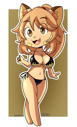 anthro big_breasts bikini breasts brown_background brown_body brown_eyes brown_fur brown_hair chibi clothing fangs female fur hair happy inner_ear_fluff open_mouth simple_background solo swimwear teeth tuft two-piece_swimsuit nns goya_(lucyfercomic) cougar felid feline mammal 2021 absurd_res hi_res signature