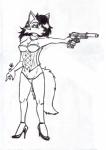 ankle_strap_heels anthro biped clothed clothing corset ear_piercing female footwear front_view gun handgun high_heels holding_gun holding_object holding_ranged_weapon holding_weapon jewelry lingerie necklace panties piercing pistol pumps ranged_weapon ring shoes silencer solo standing stiletto_heels topwear underwear weapon michaelfox1986 canid canine fox mammal absurd_res black_and_white full-length_portrait hi_res line_art marker_(artwork) mixed_media monochrome pen_(artwork) portrait sketch traditional_media_(artwork)