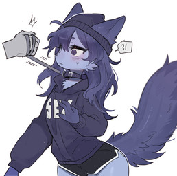 anthro anthro_focus beanie blush bottomwear breasts clothed clothed_anthro clothed_female clothing collar disembodied_hand dolphin_shorts duo female female_anthro female_focus fur furgonomics hair hat headgear headwear hoodie interrobang kemono leash shorts simple_background solo_focus tail text text_on_clothing text_on_hoodie text_on_topwear topwear white_background kid094ff mini_(puppy_in_space) canid canine canis domestic_dog mammal 2024 digital_media_(artwork) hi_res