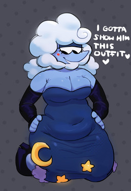 anthro armwear blue_body blue_clothing blue_dress blue_skin clothing dialogue dress elbow_gloves female fingerless_gloves fur gloves half-closed_eyes hands_on_hips handwear heart_symbol kneeling narrowed_eyes navel_outline slightly_chubby slightly_chubby_female solo text white_body white_fur white_wool wool_(fur) kitapult deltarune undertale_(series) elnina_(deltarune) bovid caprine darkner elemental_creature mammal sheep 2025 english_text hi_res