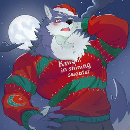 anthro christmas_clothing christmas_headwear clothed clothed_anthro clothed_male clothing hat headgear headwear holidays male muscular muscular_anthro muscular_male santa_hat solo sweater text topwear chlorici42683 christmas knights_college bayfleet_grayoar canid canine canis mammal wolf english_text