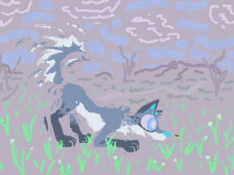 ambiguous_gender blue_body blue_fur detailed_background duo feral fur grass grey_body grey_fur open_mouth open_smile plant smile stare tail tail_motion tailwag toony demensa emil_(demensa) arthropod beetle canid canine canis coyote cucujoid domestic_dog insect ladybug mammal 2025 4:3 digital_media_(artwork) hi_res pixel_(artwork)
