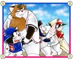 anthro backwards_baseball_cap backwards_hat ball baseball_(ball) baseball_(sport) baseball_cap baseball_uniform black_body blush bottomwear brown_body brown_fur clothed clothing fur group hat headgear headwear kemono leaf male open_clothing open_shirt open_topwear overweight overweight_male pants red_nose shirt sport sportswear topwear uniform shimo_mi_0503 dorabase doraemon kuroemon pokoemon_(character) shiroemon canid canine domestic_cat felid feline felis mammal raccoon_dog tanuki 2022 hi_res