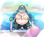 anthro beard belly belly_tuft blue_body body_hair chest_hair exclamation_point facial_hair food fruit happy_trail horn hungry male mature_male musclegut muscular nipples overweight peach_(fruit) pecs plant solo swimming_pool tail tuft custardalvis lifewonders mythology tokyo_afterschool_summoners qinglong_(tas) dragon mythological_creature mythological_scalie scalie 2024 hi_res