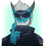 blindfold clothed clothing cosplay countershading crossed_fingers gift gojo grey_hair hair horn simple_background smile smirk teeth leleo jujutsu_kaisen mythology gunner dragon mythological_creature mythological_scalie scalie 1:1 absurd_res hi_res icon