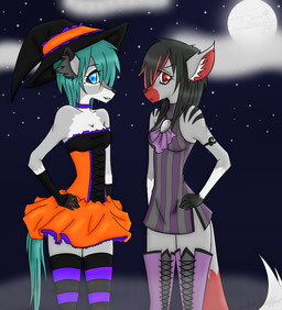 alternative_fashion anthro blue_eyes dark duo exel exeleer female goth gothic_lolita grey_body holidays j-fashion lolita_(fashion) magic_user moon night outside red_eyes sky star starry_sky tail victorian witch inary001 isinmuffin halloween exeer canid canine canis domestic_cat domestic_dog felid feline felis mammal artist_collaboration