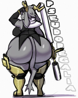 2_horns anthro antlers armor armwear back_boob big_breasts big_butt biped black_armwear black_clothing black_elbow_gloves black_fingerless_gloves black_gloves black_handwear boots bottom_heavy bottomless breasts butt butt_focus clothed clothing elbow_gloves female fingerless_gloves footwear fur gloves greaves grey_body grey_fur hand_on_head handwear holding_melee_weapon holding_object holding_weapon horn huge_butt huge_hips huge_thighs legwear looking_at_viewer looking_back looking_back_at_viewer melee_weapon neckwear rear_view shoes simple_background solo standing tail text thick_thighs thigh_boots thigh_highs topwear weapon white_background wide_hips inuzu pseudoregalia sybil_(pseudoregalia) jackalope lagomorph mammal 2023 copyright_name full-length_portrait hi_res portrait