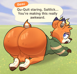 anthro antlers ass_up backsack balls bedroom_eyes blue_eyes blush bodily_fluids bubble_butt butt butt_focus clothed clothing dialogue facial_markings feet foot_fetish genitals glistening glistening_balls glistening_body glistening_butt glistening_genitalia green_clothing green_sweater green_topwear head_markings hoof_fetish hooves horn looking_at_viewer looking_back looking_back_at_viewer lying male markings multicolored_body muzzle_(marking) narrowed_eyes nervous on_front on_ground open_mouth orange_body partially_clothed perineum presenting presenting_hindquarters seductive solo speech_bubble stuttering sweat sweater sweaty_balls sweaty_butt sweaty_genitalia talking_to_viewer text thick_thighs tongue topwear tuft ranchysnax animal_crossing nintendo beau_(animal_crossing) antelope bovid deer mammal absurd_res english_text hi_res