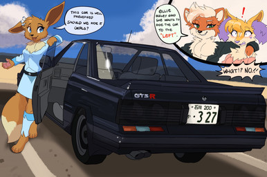 accessory anthro beach car embarrassed female flower flower_in_hair group hair hair_accessory plant skyline skyline_gts teasing text trio vehicle fumicake nintendo nissan pokemon skyline_r31 braixen eevee generation_1_pokemon generation_6_pokemon growlithe pokemon_(species) hi_res japanese_text