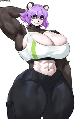 abs anthro biceps big_breasts black_body black_fur bottomwear bra breasts choker clothing ear_piercing female fur hair hand_behind_head huge_breasts jewelry looking_at_viewer midriff muscular muscular_female navel necklace pants piercing purple_eyes purple_hair simple_background solo sports_bra underwear white_background white_body white_fur cromwellb bear giant_panda mammal 2025 hi_res
