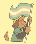 ambiguous_gender anthro beanie clothing flag flag_(object) hat headgear headwear holding_flag holding_object lgbt_pride pride_color_flag pride_colors shirt simple_background solo topwear transgender_pride_colors doginacafe kip_(doginacafe) canid canine canis domestic_dog mammal hi_res nonbinary_(lore) trans_(lore)