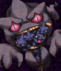 ambiguous_gender body_zipper creepy group looking_at_viewer open_mouth red_eyes tongue tongue_out zipper zipper_mouth schwarzer-hund nintendo pokemon banette generation_3_pokemon ghost humanoid pokemon_(species) shuppet spirit undead