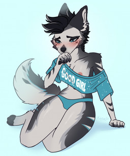 5_fingers ankle_tuft anthro areola arm_markings arm_support arm_tuft barefoot black_body black_claws black_ears black_eyebrows black_fur black_hair black_markings black_nose black_pawpads black_tail black_tuft blue_background blue_clothing blue_crop_top blue_eyes blue_markings blue_panties blue_shirt blue_stripes blue_text blue_topwear blue_underwear blush blush_lines breasts chevron_(marking) claws clothed clothed_anthro clothed_female clothing collarbone countershade_fur countershade_legs countershade_neck countershade_tail countershade_torso countershading crop_top crotch_tuft dipstick_fingers ear_piercing embarrassed eyebrows eyelashes feet female female_anthro finger_claws fingerpads fingers foot_tuft front_view fur fur_tuft good_girl grey_body grey_fur grey_highlights grey_markings grey_tail grey_tuft hair highlights_(coloring) humanoid_hands iris leg_markings leg_tuft looking_away markings medium_breasts mohawk mouth_closed multicolored_body multicolored_fur multicolored_tail navel nipple_slip nipples no_bra off_shoulder one_breast_out panties pantsless pantsless_anthro pantsless_female pawpads piercing pink_areola pink_blush pink_nipples pose pupils shirt shoulder_tuft simple_background sitting slim slim_anthro slim_female small_waist solo striped_markings stripes tail tail_markings text text_on_clothing text_on_shirt text_on_topwear toe_claws toeless_(marking) toes topwear tuft underwear white_body white_countershading white_fur white_inner_ear white_markings white_sclera white_stripes white_tail white_text white_tuft konejo canid canine canis mammal wolf 2024 artist_name colored digital_drawing_(artwork) digital_media_(artwork) english_text flat_colors full-length_portrait hi_res pinup portrait
