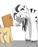 blush dialogue duo female hair long_hair male mask nervous paper_bag paper_bag_mask red_eyes reflection scar scared simple_background size_difference stripes text white_background cloversden hasbro my_little_pony fan_character paper_bag_(oc) que_bien_(oc) equid equine horse mammal pony zebra english_text hi_res