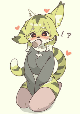 anthro blonde_hair blush bodily_fluids bottomless clothed clothing countershading cum cum_drip cum_in_mouth cum_inside cum_on_shirt cum_pool deep_throat disembodied_penis dripping duo fellatio female fur genital_fluids genitals hair heart_eyes heart_symbol interrobang kemono kneeling legwear male male/female oral oral_penetration penetration penile penis sex shirt simple_background solo_focus stockings striped_body striped_fur stripes topwear yellow_background yellow_body yellow_fur mikeyama cygames world_flipper mia_(world_flipper) felid mammal pantherine tiger hi_res