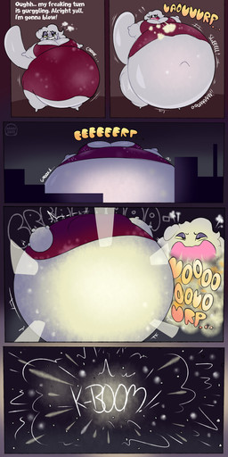 belly big_belly burping bursting dialogue groan huge_belly hyper hyper_belly hyper_burp hyper_inflation inflation kaboom logo motion_lines onomatopoeia open_mouth popping sound_effects swelling text white_text addde domestic_cat felid feline felis mammal 2025 absurd_res artist_logo hi_res sequence