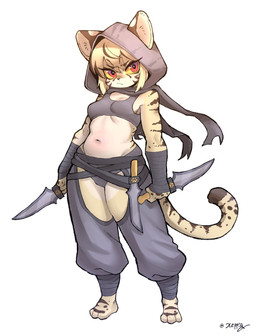 anthro biped bottomwear breasts clothed clothing dagger eyelashes female fur hair holding_melee_weapon holding_object holding_weapon hood looking_at_viewer melee_weapon simple_background small_breasts solo standing striped_body striped_fur stripes tail text thick_thighs topwear weapon xeppir felid feline felis mammal 2026 hi_res signature