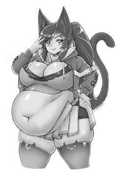 belly big_belly big_breasts breasts cleavage clothed clothing female gesture hand_gesture huge_breasts huge_thighs navel overweight overweight_female overweight_humanoid simple_background smile solo standing text thick_thighs v_sign cakecatboy animal_humanoid cat_humanoid felid felid_humanoid feline feline_humanoid humanoid mammal mammal_humanoid character_request monochrome signature