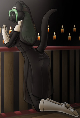 anthro black_body black_fur boots candle church clothing dress female footwear fur genitals green_hair habit hair ineffective_clothing nun praying religion shoes solo translucent translucent_clothing vulva dark_nurse christianity domestic_cat felid feline felis mammal hi_res
