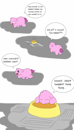 ambiguous_gender baby_talk bodily_fluids bowl container crying dialogue drinking eyes_closed feral food fur happy open_mouth outside pet_bowl pink_body pink_fur purple_tail solo soup standing tail tears text walking young young_feral carpdime fluffy_pony fluffy_pony_(species) mammal comic digital_media_(artwork) english_text hi_res