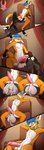 animal_genitalia balls big_balls big_penis blue_eyes bodily_fluids brown_body brown_fur cock_vore collar cum cum_vore death digestion duo erection eyewear floppy_ears fur genital_fluids genitals glasses huge_balls huge_penis knot male male/male nude open_mouth orange_body orange_fur penile penis sheath tail teeth vore shero-chan fevnor kane_herkel canid canine canis fox hybrid kangaroo macropod mammal marsupial wolf absurd_res comic hi_res