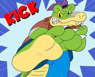 3_toes angry anthro attack bottomwear clothing feet foot_focus green_body hat headgear headwear humanoid_feet humanoid_hands kick male pants plantigrade shirt soles solo text toes topwear jolly_the_lizard brok_the_investigator cowcat_games brok_(brok_the_investigator) alligator alligatorid crocodilian reptile scalie 2021 english_text