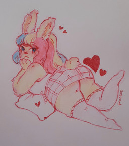 3_fingers anthro arm_support bangs big_butt blonde_hair blue_eyes blush blush_lines bottomwear butt clothing ear_tuft eyebrow_through_hair eyebrows eyelashes female female_anthro fingers fur hair handpaw hearts_around_body leaning_on_elbow long_ears long_hair looking_at_viewer looking_back looking_back_at_viewer lying mouth_closed multicolored_hair on_front on_pillow orange_inner_ear outline pattern_bottomwear pattern_clothing pattern_skirt paws pillow pink_bottomwear pink_clothing pink_hair pink_skirt plaid plaid_bottomwear plaid_clothing plaid_skirt raised_foot red_eyelashes red_nose red_outline scut_tail shirt short_tail simple_background skirt solo tail tank_top thick_thighs topwear translucent translucent_hair tuft white_background white_clothing white_knee_socks white_pillow white_shirt white_tank_top white_topwear yellow_body yellow_fur yellow_tail suzeart bunny_(suzeart) lagomorph leporid mammal rabbit 2024 colored colored_pencil_(artwork) english_description hi_res shaded traditional_media_(artwork)