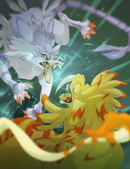 4_toes ambiguous_gender attack battle claws duo fangs feet feral green_background head_markings mane markings open_mouth orange_claws orange_markings purple_body purple_markings simple_background teeth toes yellow_body yellow_eyes skulldog_(artist) bandai_namco digimon canid canine digimon_(species) felid feline garurumon mammal saberleomon