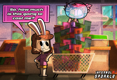 anthro clothed clothing duo female female/female fur hair mina_(middlium) pink_body simple_background tail text infernalsparkle middlium lydia_bersker_(middlium) amphibian axolotl lagomorph leporid mammal marine mole_salamander rabbit salamander digital_media_(artwork) english_text hi_res