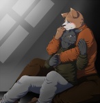 anthro black_body black_fur black_nose blush bodily_fluids clothing duo frown fur green_eyes hug intimate male sad tears toku canid canine canis mammal wolf