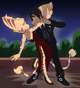 anthro blue_eyes breasts brown_body brown_fur brown_nose clothed clothed_female clothed_male clothing dancing dress duo ear_piercing ear_ring eyewear female fur glasses male male/female markings night outside piercing pink_nose ring ring_(marking) ring_piercing ringed_tail striped_markings striped_tail stripes tail tail_markings tail_tuft thin_tail tuft yellow_body yellow_fur maximuseditor ratchet_and_clank sony_corporation sony_interactive_entertainment fan_character lombax mammal hi_res