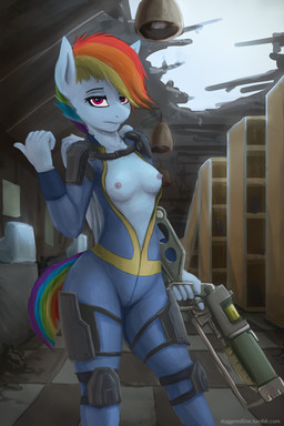 anthro anthrofied blue_body blue_fur breasts clothed clothing feathered_wings feathers female fur hair holding_object holding_weapon looking_at_viewer multicolored_hair nipples pink_eyes rainbow_hair solo vault_suit weapon wings staggeredline fallout friendship_is_magic hasbro microsoft my_little_pony mythology rainbow_dash_(mlp) equid equine mammal mythological_creature mythological_equine pegasus 2015 2:3 crossover digital_media_(artwork) hi_res