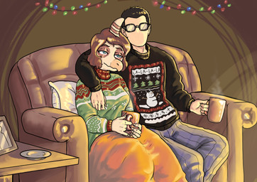 5_fingers anthro arm_over_shoulder bedding beverage black_hair blanket blue_eyes bone_frill brown_hair candy chocolate christmas_clothing christmas_decorations christmas_lights christmas_sweater christmas_topwear claws clothing dessert detailed_background duo eyelashes eyewear female female_anthro female_on_human finger_claws fingers food frill_(anatomy) furniture glasses hair holidays hot_chocolate human_on_anthro inside interspecies lidded_eyes light-skinned_male light_body light_scales light_skin male male/female male_human male_on_anthro on_sofa rectangular_glasses scales short_hair sitting sitting_on_sofa smile snout sofa sweater topwear uno_b_trusive sakamtosng cavemanon_studios christmas i_wani_hug_that_gator fan_character principal_scaler dinosaur human mammal oviraptor oviraptorid oviraptorosaur prehistoric_species reptile saurischian scalie theropod 2025 absurd_res digital_drawing_(artwork) digital_media_(artwork) hi_res